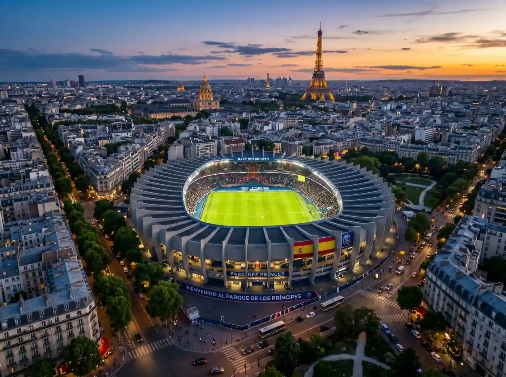 Vista aérea del Parc des Princes del PSG con el skyline de París al fondo